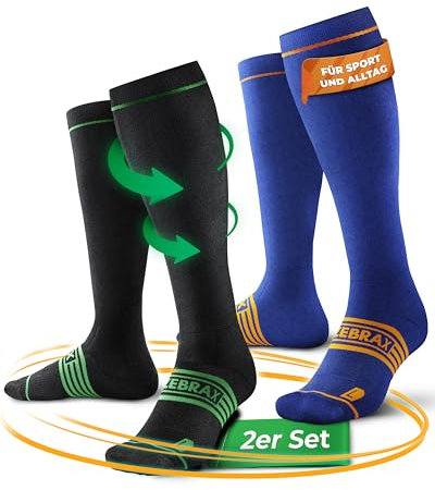 ZEBRAX® 2er Kompressionsstrümpfe Damen & Herren [Gr. 35-47] zur Förderung der Performance I Gepolsterte Stützstrümpfe für schmerzfreies Joggen uvm. I Atmungsaktive Kompressionsstrümpfe Herren