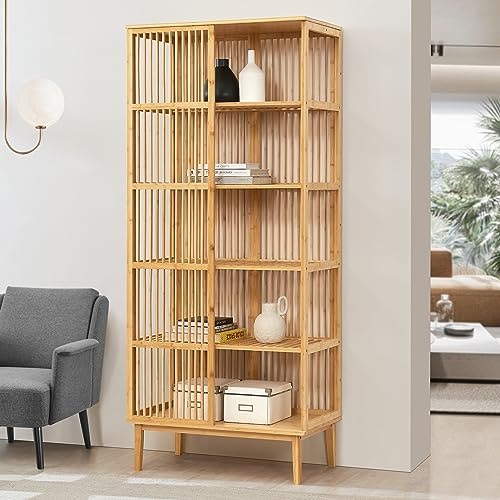 [en.casa] Standregal Trundholm Badregal mit 5 Ablagen freistehend aus Bambus Aufbewahrungsregal 185 x 80 x 45 cm für Wohnzimmer Flur Küche