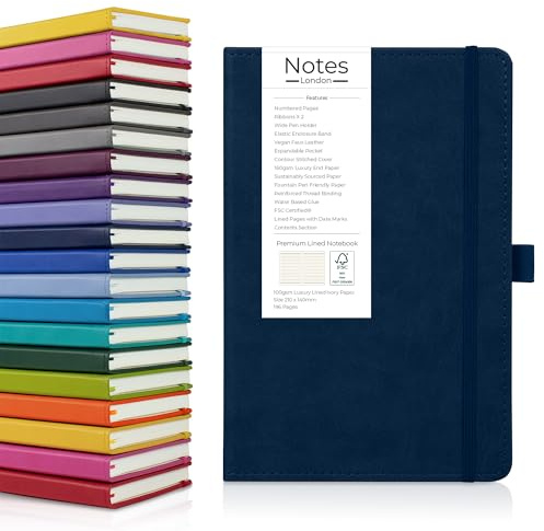 Notes London Premium-Notizbuch im A5-Format mit genähtem Hardcover, 100 g/m², linierten, nummerierten und mit Datum versehenen Seiten, 2 Bändern, Stiftschlaufe, Inhaltsseite, Papiertasche (Marineblau)
