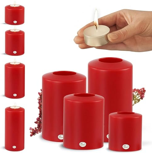 Sin!® 4er Set Teelichthalter & Dauerkerze Classic ROT ∅ 8cm H 9/12/15/18cm Seidenglanz - Die Kerze die Nicht schmilzt! Kunststoff-Kerze (Made IN Germany) Teelichtkerze Kerzenoptik mit Teelichteinsatz