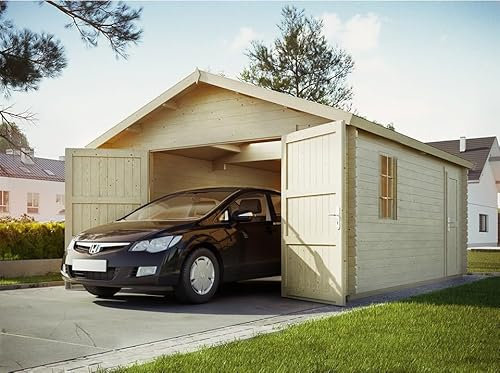 Direct ABRIS Garage Bois Newport Double Porte en Bois 19,2m² - Epaisseur des Madriers : 44mm - Toit Double Pente - Fenêtre Oscillo-Battante Double Vitrage - Porte de Service - Abris Voiture