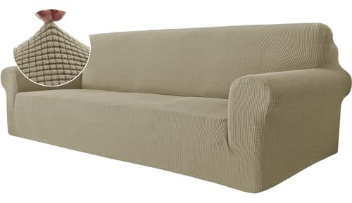 Ystyle Stretch Sofa Überzug 4 Sitzer, Khaki | Elastisch Sofabezug mit Armlehnen, Jacquard Couch Überzug Rutschfest, Waschbar Sofa Cover Protector für Hunde Haustiere