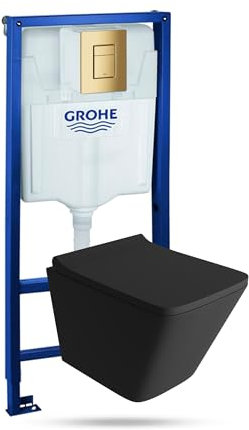 LAVITA Vorwandelement Solido + Wand Hänge WC Lago Schwarz Spülrandlos + WC Sitz mit Absenkautomatik Goldener Knopf Komplettset Unterputz Spülkasten Toilette Komplett Sett WC