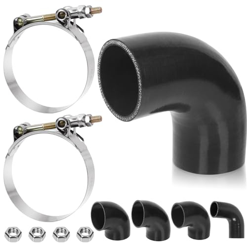 Swpeet 7 piezas 63 mm - 2.5 pulgadas 90 grados codo de 4 capas manguera de silicona reforzada con abrazadera de perno en T de 72-80 mm y kit de tuerca hexagonal de 6 mm, manguera de silicona pura para