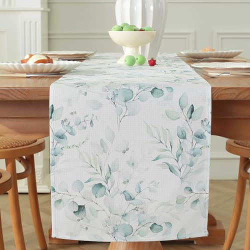 meioro Grün Eukalyptusblätter Tischläufer, 30x140cm Saisonale Tischwäsche, Frühling Sommer Hochzeit Tischdecke für Küche Essen Urlaub Party Tischdekoration