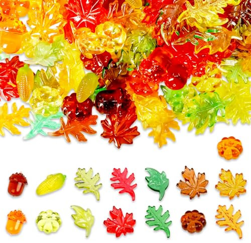 Hiawbon 160 Stück Acryl-Herbstdekorationen, Mini-Kürbisse, Eicheln, Ahornblätter, Mais-Acryl, Herbstdekorationen, Mini-Kürbisse, Erntefest, Herbstvasenfüller für Thanksgiving, Herbst-Dekoration