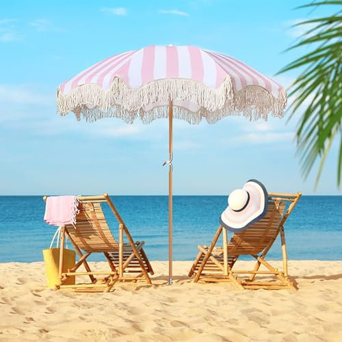 Parasol de plage Parasol de patio à rayures roses avec franges, parasols de plage de vacances pour le sable, protection UV50 +, parapluie d'extérieur, imperméable, inclinable, portable, pour piscine,