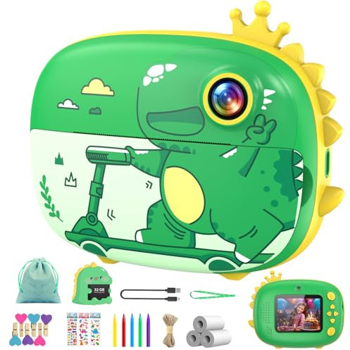 Ushining Appareil Photo Instantané Enfant, 2,4 Pouces 1080P Dinosaure Appareil Photo Numérique Enfant avec Carte 32G et Papier d’impression,Vidéo Caméra Jouets Cadeau pour Garçons Filles 3-12 Ans,Vert