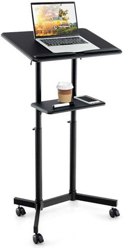 LIFEZEAL Atril de Pie, Mesa Móvil Ajustable en Altura para Portátil, Estación de Trabajo Rodante sobre Ruedas, Bandeja Inclinable, para Sala de Conferencias, Oficina