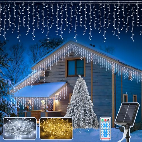 Cecaylie Eisregen Lichterkette Solar, 10M-400LEDs-Kaltweiß Lichterkette mit 8 Modi, IP44, Memory&Timing-Fuction, Helligkeitsanpassung, Fernbedienungen, Geeignet für Innen- und Außendekoration