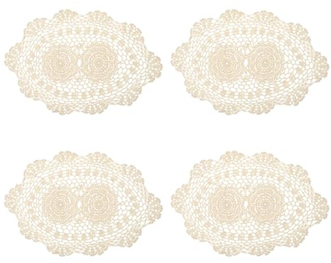 QUARKZMAN 4 Stück 40x26 cm Handgemachte Häkeldeckchen, Polyester Baumwoll Tischsets Ovale Tisch Häkelplatzsets für Esstisch Küche Partys, Beige