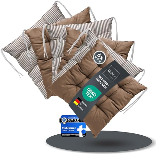 LILENO HOME 6er Set Wende Stuhlkissen Braun (40x40x6 cm) - Streifen Sitzkissen für Gartenstuhl, Küche oder Esszimmerstuhl - Indoor u. Outdoor Stuhlauflage als Stuhl Kissen (Linda FUM)