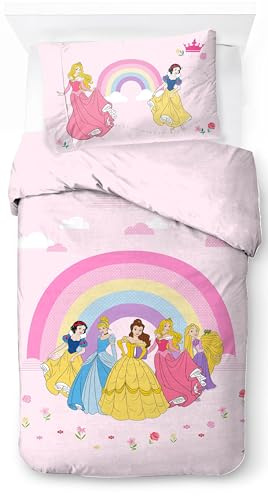 Jay Franco Disney Princess Rainbow 100% Coton Ensemble Housse de Couette Lit Simple – Comprend Une Taie d’Oreiller 50 x 70 cm