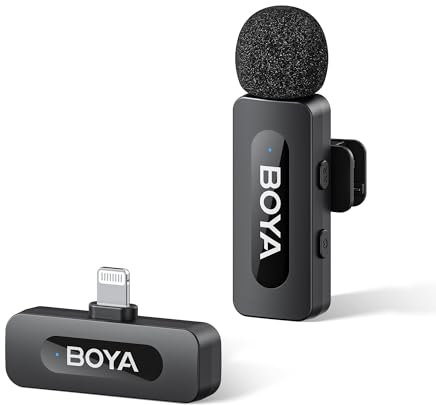 BOYA by-V1 Micro sans Fil pour iPhone 7-14, Mini Micro Lightning, 48 kHz/16 Bits, TX 9 h, Suppression du Bruit, Micro Cravate, Mode Muet, Clip 360° sur Micro Podcast pour Enregistrement Vidéo