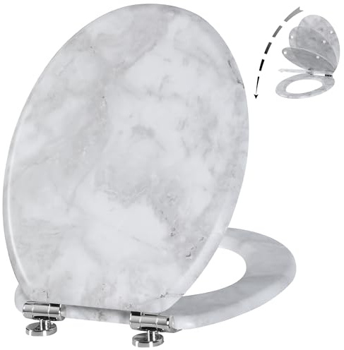 Angel Shield Toilet Seat Molded Wood Toilet Seat, Quiet Close with Quick Release Adjustable Hinges 45x37cm Oval, Fits EU Bottom-Mount Toilets (Gray Marble)