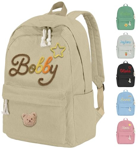 WolunLi - Mochila personalizada para niñas y niños, mochila de pana con nombre y lindo icono escolar para niños, Caqui