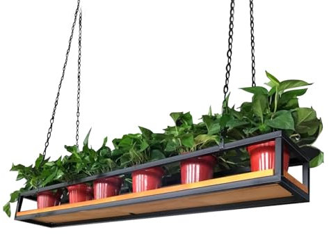 HDDNMLOH Hängendes Weinregal mit Kette und Holzregal für Küchenbar, an der Decke montiertes schwebendes dekoratives Regal für Pflanzenständer, Blumentopf- und Pfannenregal (60 x 25 x 15 cm)