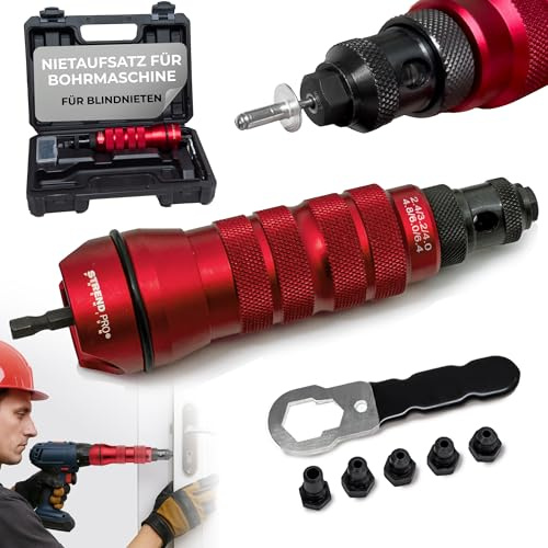 STREND PRO Premium Nietaufsatz für Bohrmaschine 1/4 | Blindnietadapter 2,4–6,4 mm | Aluminium/Stahl | Nietwerkzeug mit 6 Köpfen & Koffer | Profi-Nietenzange für Akkuschrauber & Bohrmaschinen