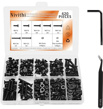 Nivithi Vis M4 Noires à Tête Hexagonale Fraisée - 420 Pièces, Acier au Carbone 10.9, Visserie Boulonnerie, Vis et Boulon, M4x6/8/10/12/16/20/25mm pour Meubles et Réparations
