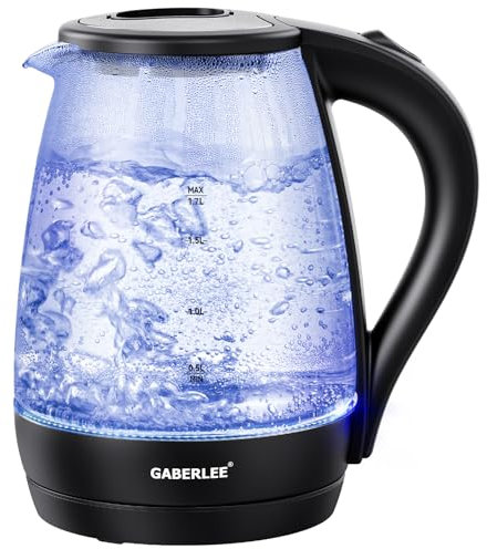 Electric Kettle, 1.7L, Fast Quiet Boil Glass Kettle with Blue LED, Auto Shut-Off and Stainless Steel Inner Pot, BPA-Free, Black, 2200W