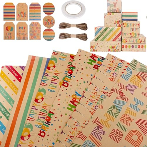 6 Fogli Carta Regalo Compleanno, Carta per Incartare Regali Birthday Wrapping Paper, 70x50cm, con Nastro Biadesivo, per Compleanno Feste Anniversari San Valentino Regalo