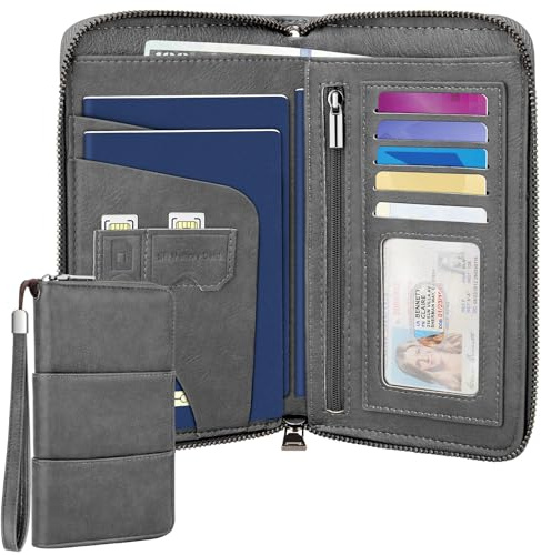 Faneam Reisepass Tasche Familie, Reiseorganizer für Dokumente mit RFID Schutz, Reiseorganizer aus PU-Leder, Tragbare Reisepasshülle Ausweistasche für Pässe, Karten, Bargeld (Grau)