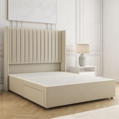 Bsspoke Manhattans Upholstered Platform Divan Base with 54” Wingback Headboard & 2 Storage Drawers, without Mattress (Cream, King 5ft)