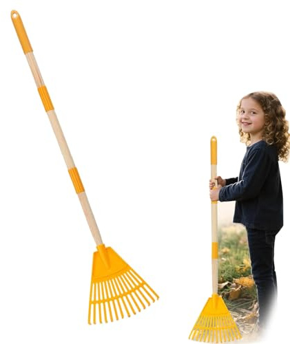 Rastrillo de jardín para niños con mango extraíble de 3 secciones, rastrillo de hojas de tamaño infantil con cabeza de plástico, herramientas de jardinería seguras para niños, trabajo al aire libre (1