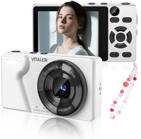 Cámara Digital 64MP 4K Cámara de Fotos Compacta con Doble Lente,Pantalla LCD 2,8 Pulgadas,Batería de 2000 mAh,Carcasa de Aleación de Zinc y Zoom Digital 18X para Niños y Adultos(Blanco,SIN TARJETA SD)