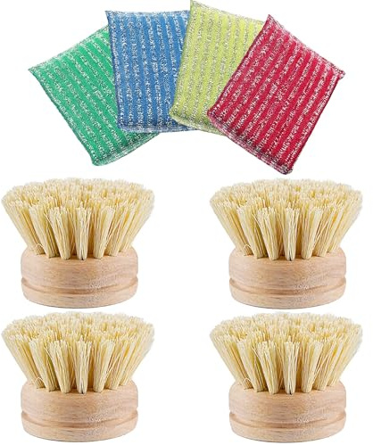4 Pads Washing Up Sponge, 4 Pcs Wooden Washing Brush, Replacement Heads, More Labor-Saving Cleaning, Ideal for Washing Dishes, Cleaning Countertops, Sinks, Tiles, and Even Bathroom Surfaces