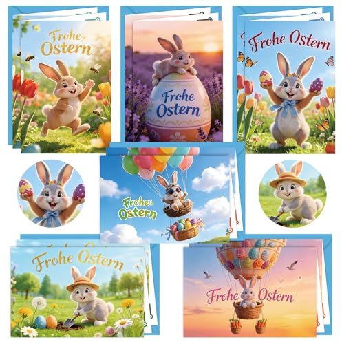 LIZANQU 12 Stück Osterkarten mit Umschlag Deutsch, Karte Ostern Aufklappbar mit Osterhase und Ostereier - Frohe Ostern Grußkarten (Y)