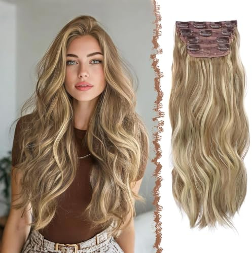 FESHFEN Extensiones de Clip Onduladas para Mujer - 4 Piezas 50 cm Largo Ondulado Rizado Extensión de Pelo con Clips Natural Sintética Extensiones de Cabello, Beige Bahama
