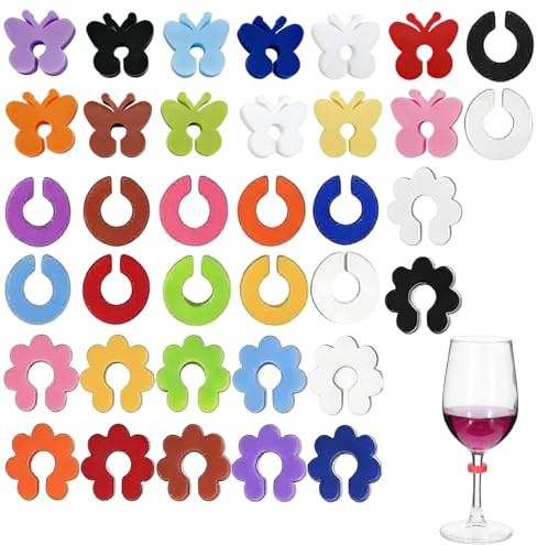 36 Segnalibri per Bicchieri in Silicone Farfalla, Fiori & Forma C, Riutilizzabili per Bicchieri da Vino, Champagne, Cocktail, Marcatori Colorati per Bevande, adatti per decorazioni da bar