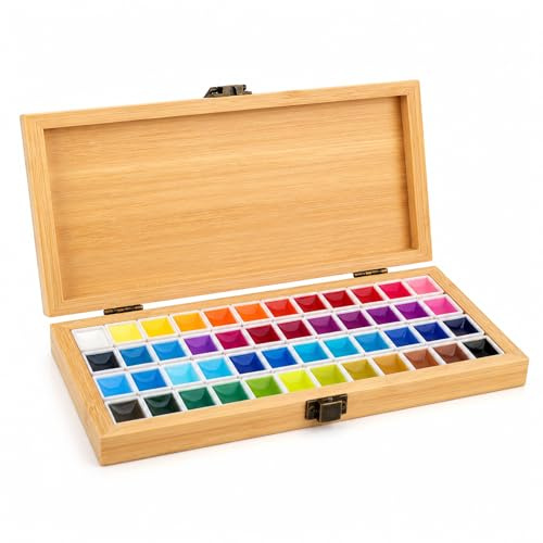 KOVNISE Palette in legno con coperchio, fibbia quadrata, con 48 griglie, mini set per acquerelli, per pittori militari, acquerelli, artisti principianti