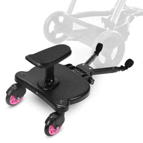 Planche de poussette avec siège, Kiddy Board pour poussette, marchepied universel avec siège amovible, double roue à 360 degrés, réglable, jusqu'à 25 kg, rose