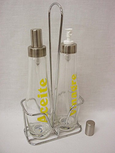 JUEGO ACEITERA VINAGRERA ACEITE VINAGRE CRISTAL CURVA EMBOLO SPRAY 320ML LETRERO FROST AMARILLO