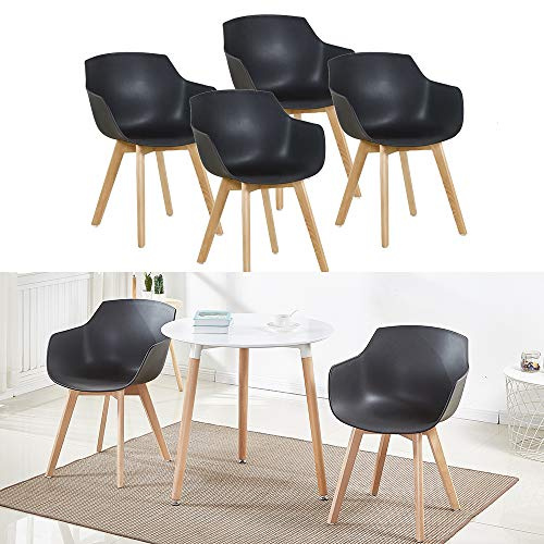 H.J WeDoo 4er-Set Wohnzimmerstuhl Esszimmerstuhl mit Armlehne und Buchenholz Retro Design Stuhl für Büro Lounge Küche Wohnzimmer (Schwarz)