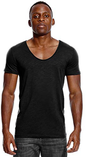 Deep V Neck T Shirt for Men Low Cut Scoop Tee Invisible Vee Top Cotton Short Sleeve Wide Neck Black M