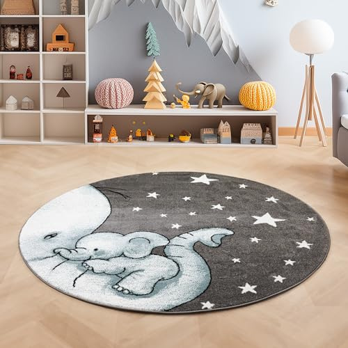 SIMPEX Runder Kinderteppich Elefant Ø120 cm Niedliches Tiermotiv in Blau Weich & Ideal für Babys und Kleinkinder
