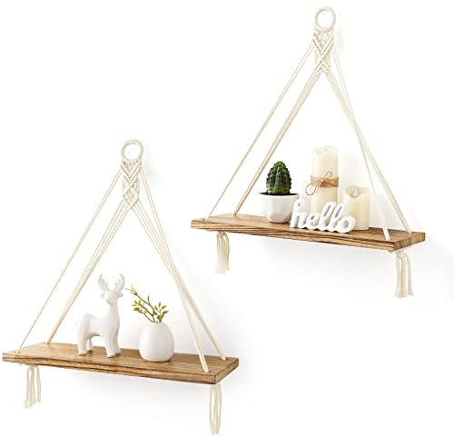 Mkono Macrame Hanging Shelves Boho Wall Decor Set of 2 Rustic Wood Floating Storage Shelf for Bedroom Bathroom Living Room Nursery Dorm Room, Display Shelving for Hanging Plants Photos (2, White)