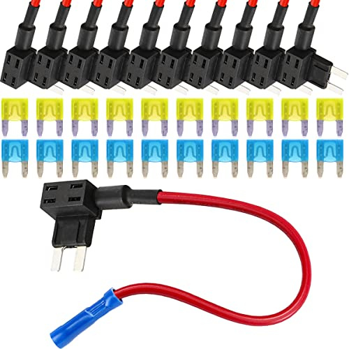 Xiatiaosann 12V Autosicherungen Stromdieb Mini, Flachsicherungsadapter KFZ Stecksicherung Verteiler Add-A-Schaltung Flachsicherungen Sicherungshalter mit 20A & 10A Sicherung, 10 Stück