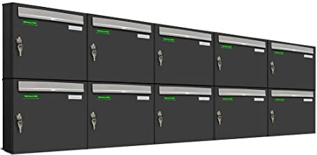 AL Briefkastensysteme Basic 10er Briefkasten RAL 7016 Anthrazit Grau/Einwurfklappe RAL 9006 Weiß Aluminium 10 Fach DIN A4 wetterfest mit Posthaltebügel und 2 Namensschildern