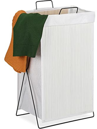 Relaxdays Ropa Sucia, Plegable, Marco de Metal con Asas, Cesto para la Colada, 40 L, 61x38x22 cm, Blanco, Bambú