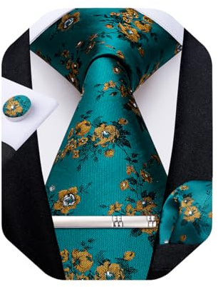 DiBanGu Silk Floral Ties for Men Woven Paisley Necktie, Teal and Gold