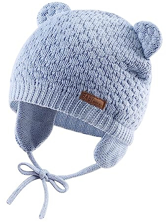 XIAOHAWANG Bébé Chapeau d'hiver Tricoté Enfant Bonnet Ours Chapeaux Fille Garçon Visage Oreille Protect (Bleu Ciel, 0-6 Months)