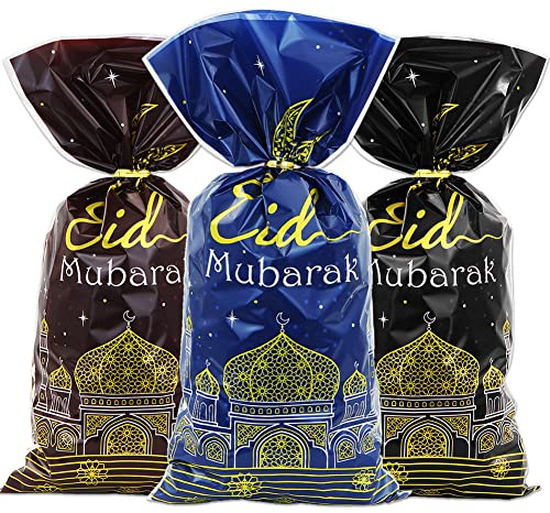 Geschenktüten aus Kunststoff, Zellophan, für Süßigkeiten, Kekse, Leckereien, Geschenktüten, 105 Stück in 3 Farben und goldfarbene Bindebänder für Eid Mubarak Ramadan Partydekorationen, Partyzubehör