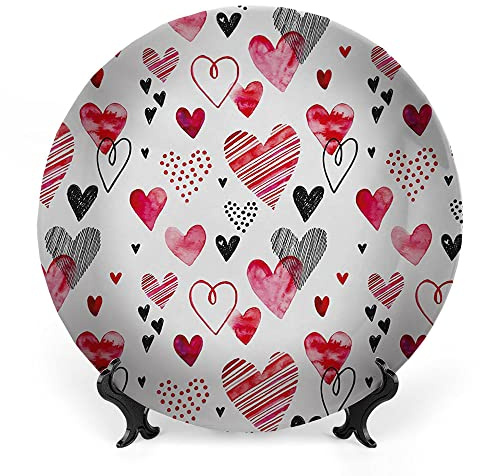 LIGUTARS Decorative Plates, Valentine Print Ornament, Different Types of Heart Shapes Romance Love, 10 Inch, Kitchen Wall Decor, Pink Black White