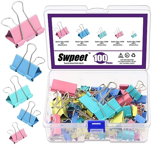 Swpeet 100pcs metall svart bindande klipp, pappersklämmar, vika tillbaka klipp - 6 storlekar från X stor till mikro för kontor, hem, skola, klassrum (Nr 1)