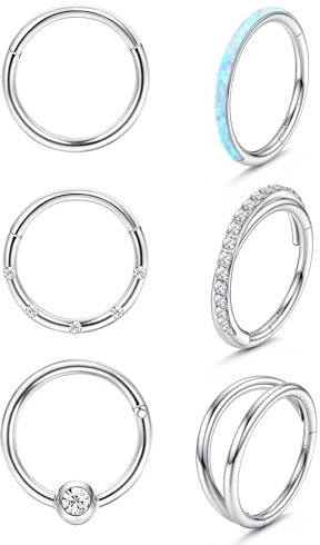LOLIAS 6 Stück 16G Piercings Helix Silber Nasenringe Edelstahl Opel CZ Einfach Doppel Septum Clicker Lippenringe Knorpel Turm Tragus Muschel Daith Ohrringe Körper Piercing Schmuck 8/10MM