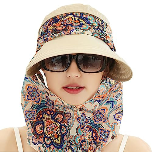 2-in-1 Damen-Sonnenhut für den Sommer, faltbar, breite Krempe, UV-Schutz, 360°-Sonnenschutz, mit abnehmbarem Schal-Abdeckung, für Strand, Reise, Urlaub, Fahrrad, Camping, Gartenarbeit, beige, One size